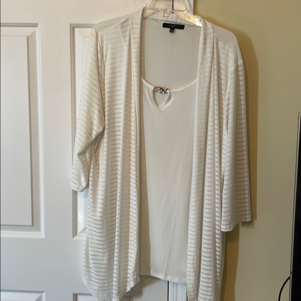 Beige blouse 2X. Shell and sheer overshirt.